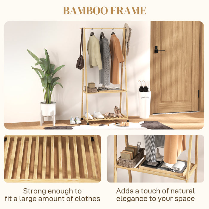 Bamboo Clothes Rail Rack with 2 Storage Shelves, Natural Wood Effect