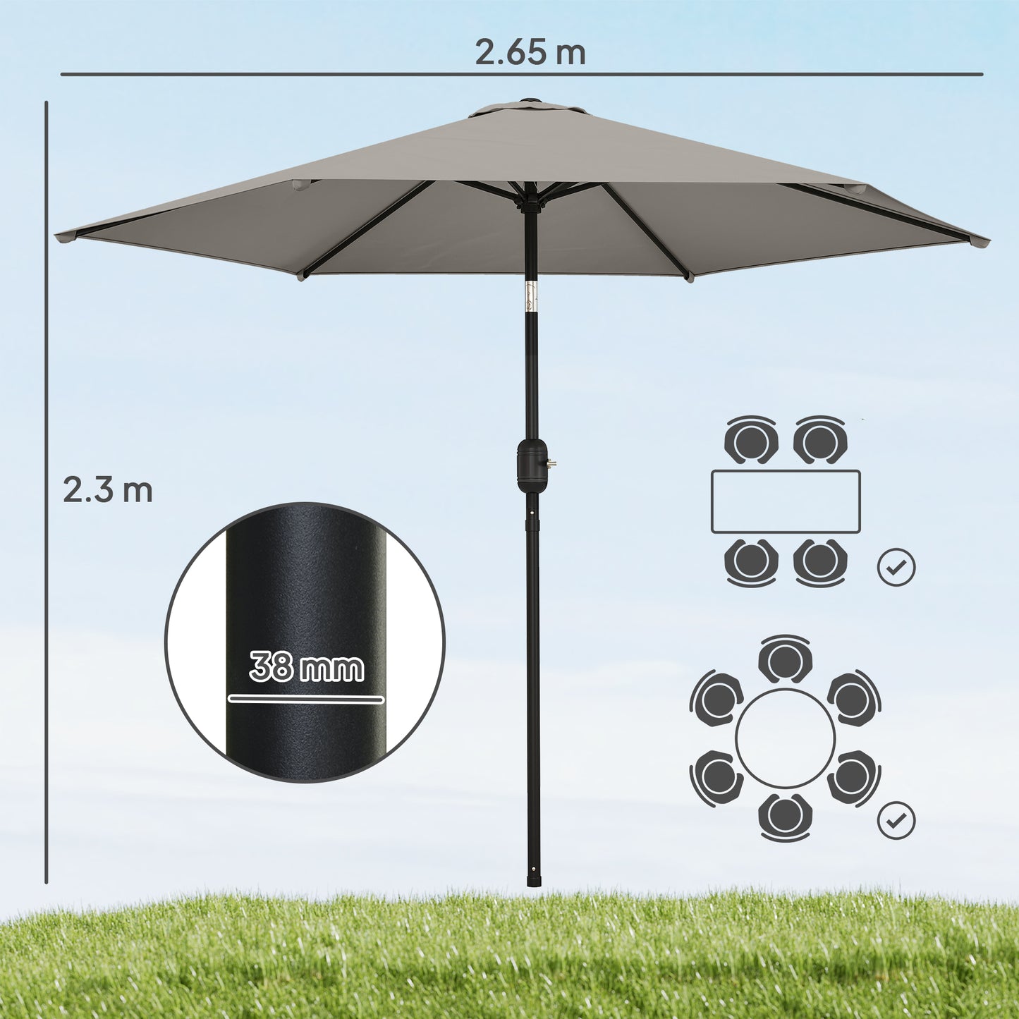 2.6M Garden Parasol Umbrella with Aluminium Pole, Tilt, Crank