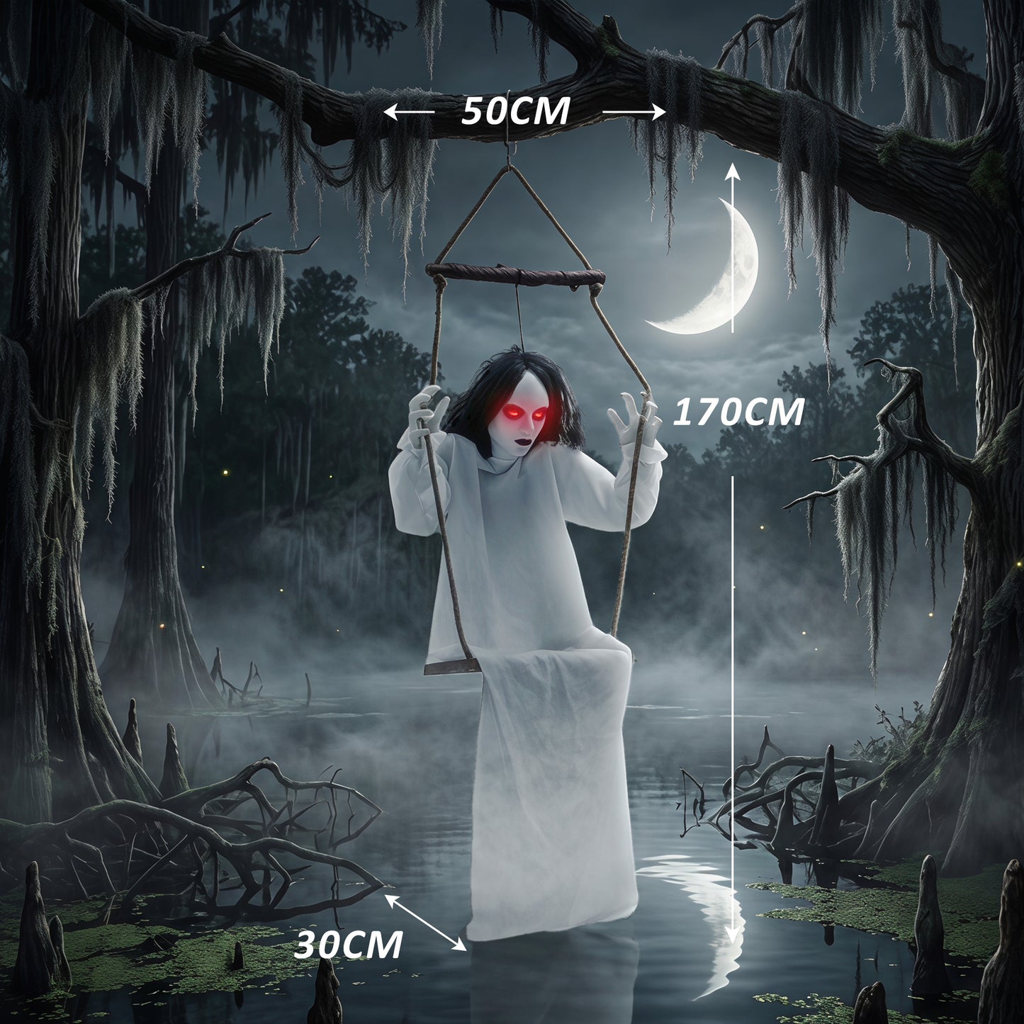 170cm Animated Hanging Swing Ghost with Glowing Red Eyes for Party