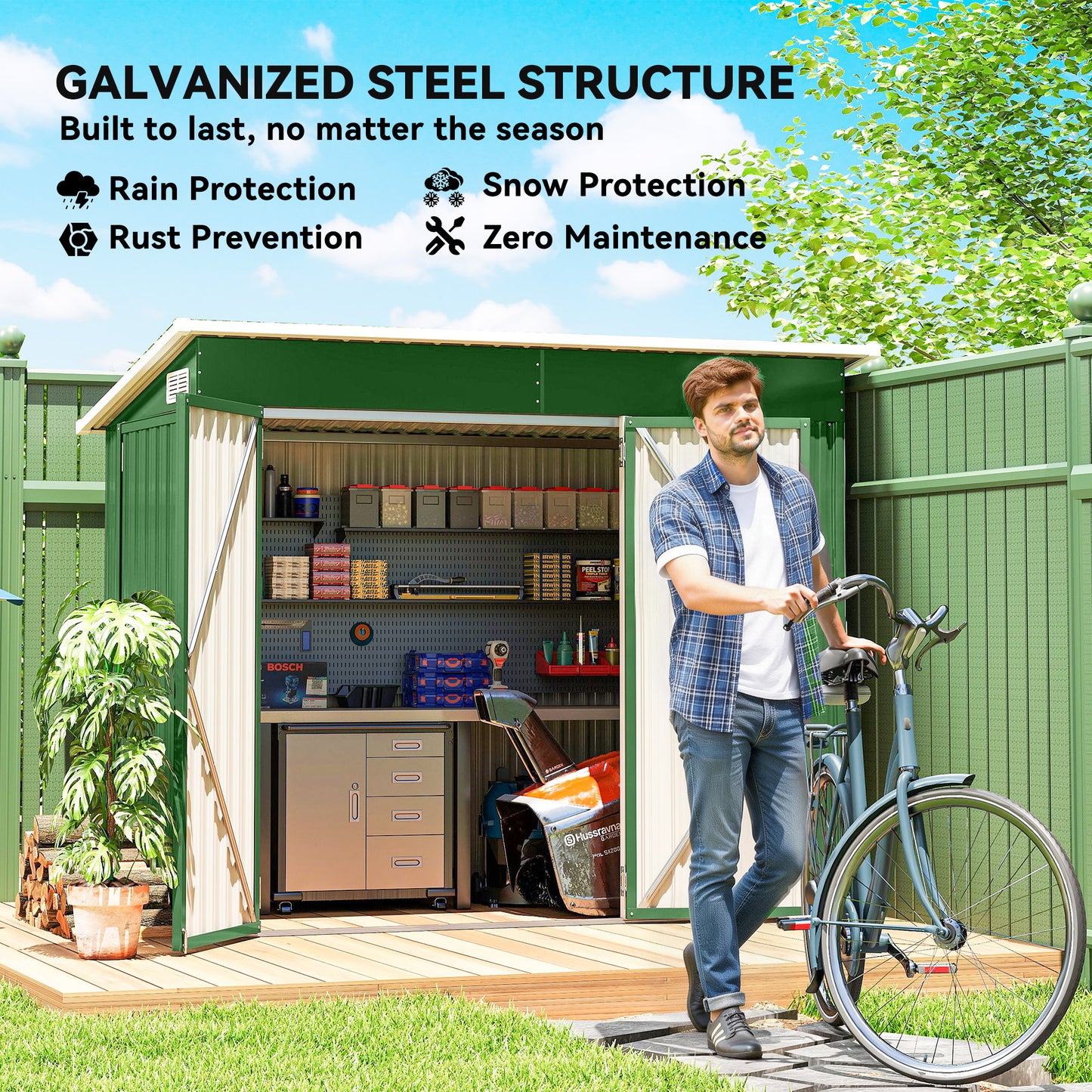 Outdoor Storage Shed, 7.5 x 4.3ft Metal Garden Shed, Green