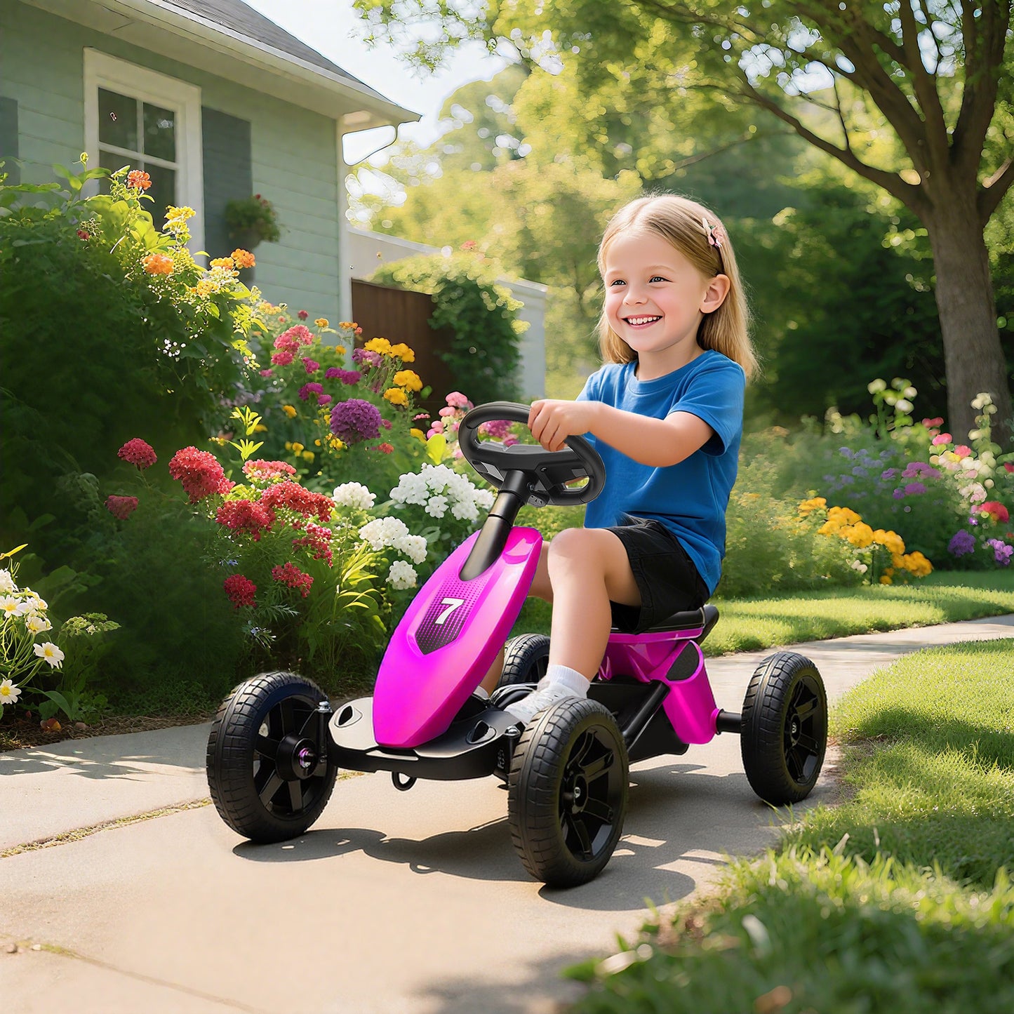 Pedal Go-Kart for Kids with Silent EVA Wheels, Metal Frame, Pink