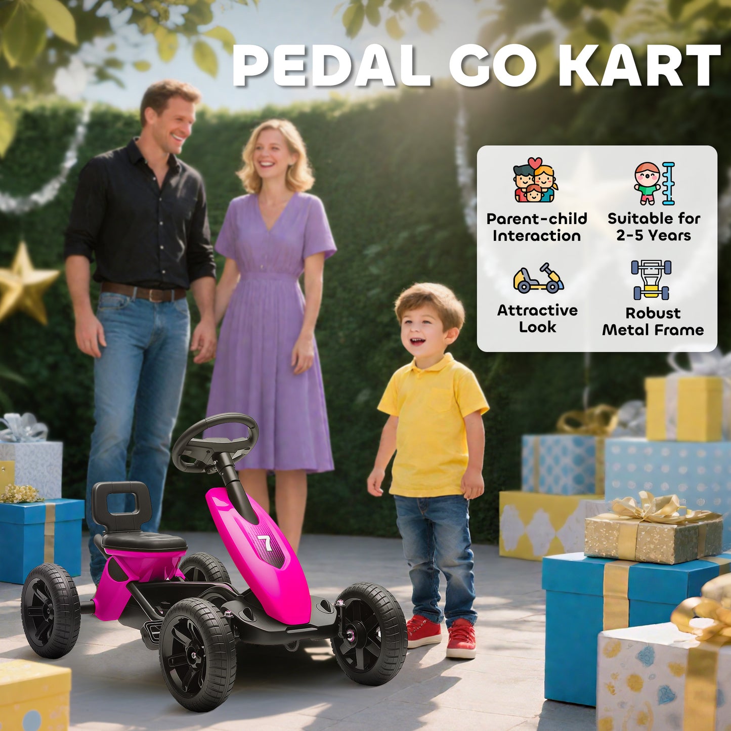 Pedal Go-Kart for Kids with Silent EVA Wheels, Metal Frame, Pink