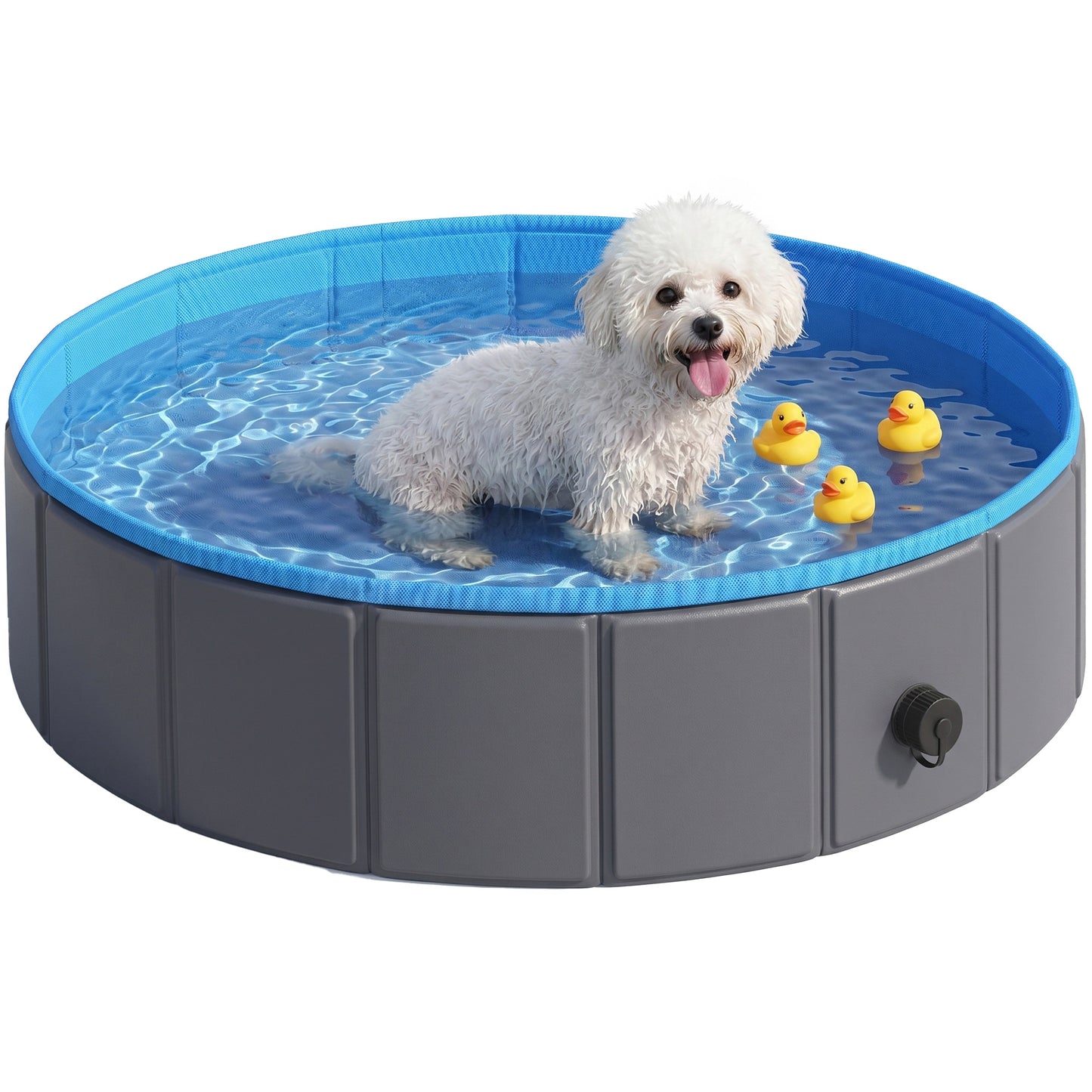 Foldable Dog Pool for Puppies and Ducks, Thickened PVC Dog Paddling Pool Bath Tub Hard Board, Anti-Slip Bottom and Hose Adapter for Easy Drainage, 80 x 20cm, Blue and Dark Grey