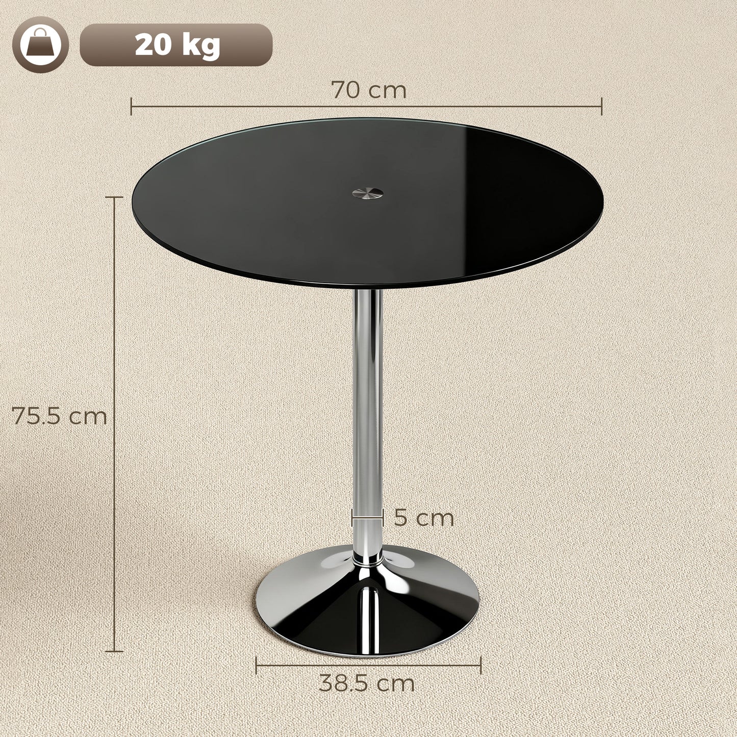 Round Bar Table, Dining Table with Tempered Glass Top and Steel Frame