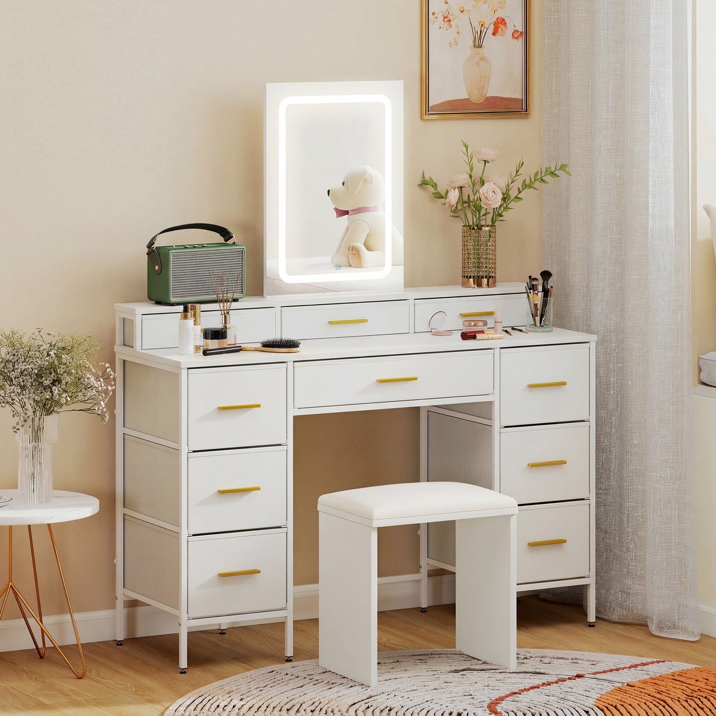 Dressing Table with LED Lighting Mirror and 10 Drawers, White