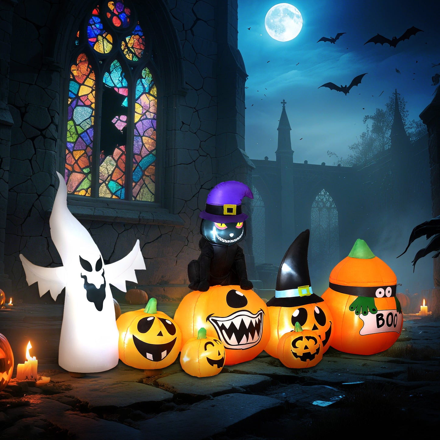 8 FT Blow Up Halloween Inflatables Pumpkin Ghost and Cat Combo