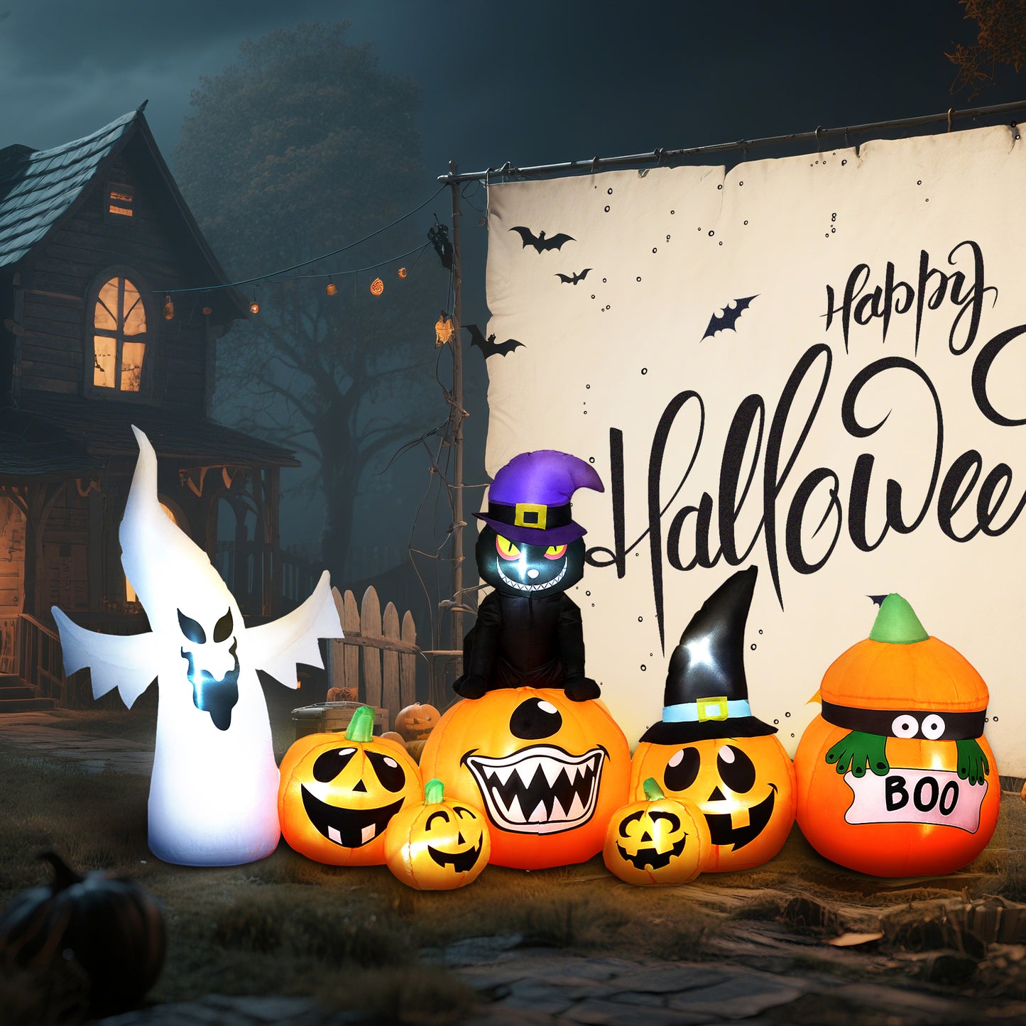 8 FT Blow Up Halloween Inflatables Pumpkin Ghost and Cat Combo