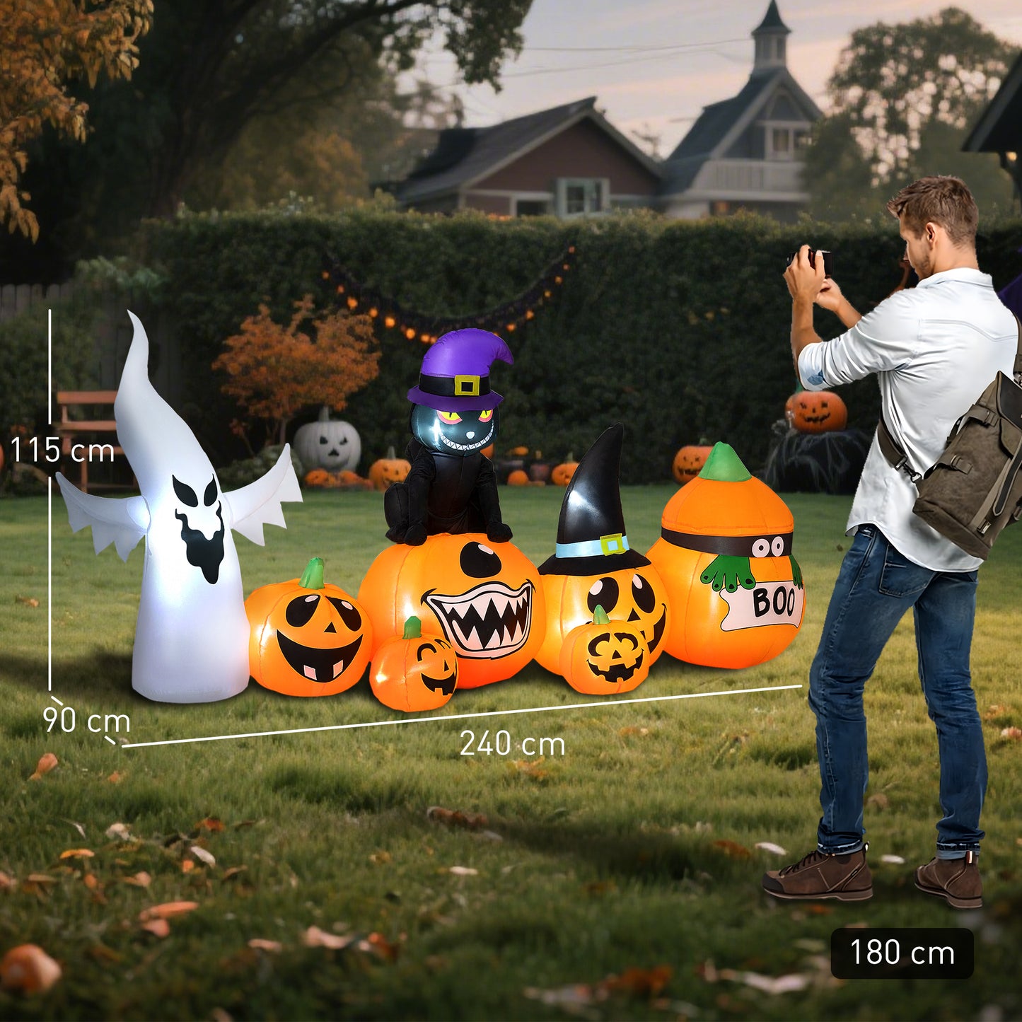 8 FT Blow Up Halloween Inflatables Pumpkin Ghost and Cat Combo