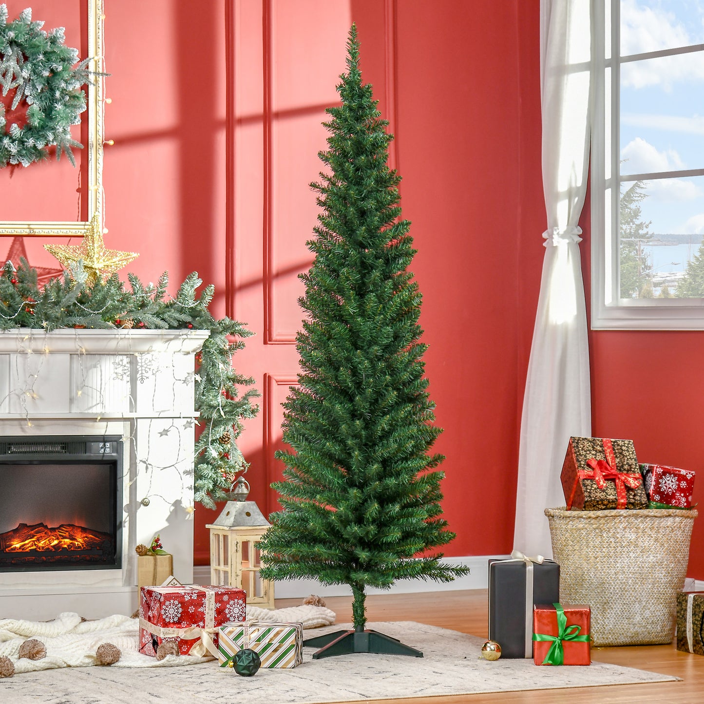 6FT Pencil Artificial Christmas Tree with Solid Stand Tips Green
