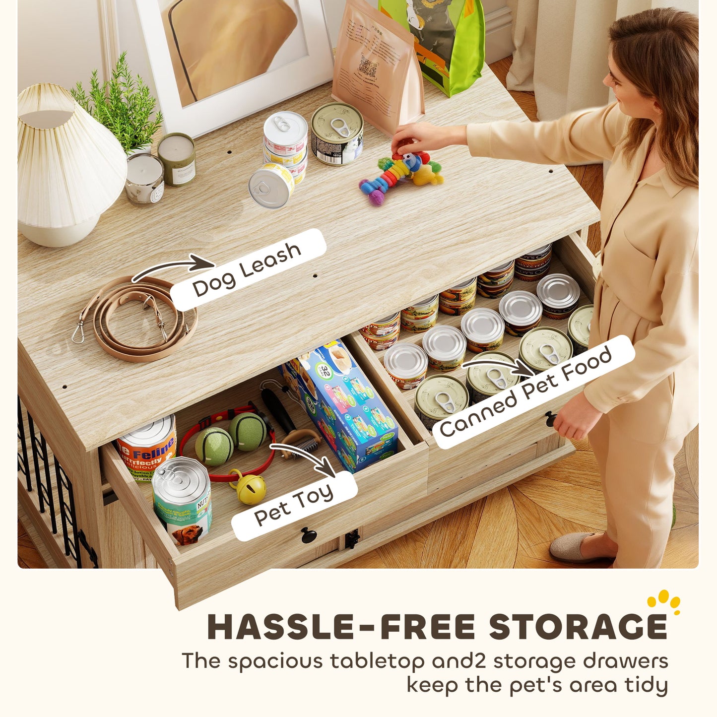 Dog Crate Furniture, Dog Cage w/ Wheels, 2 Drawers, Sliding Door, Oak