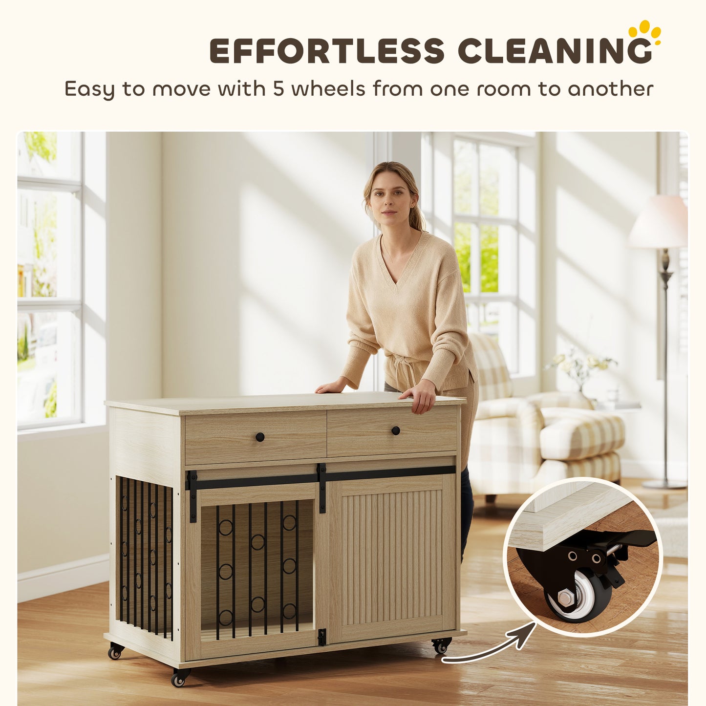 Dog Crate Furniture, Dog Cage w/ Wheels, 2 Drawers, Sliding Door, Oak