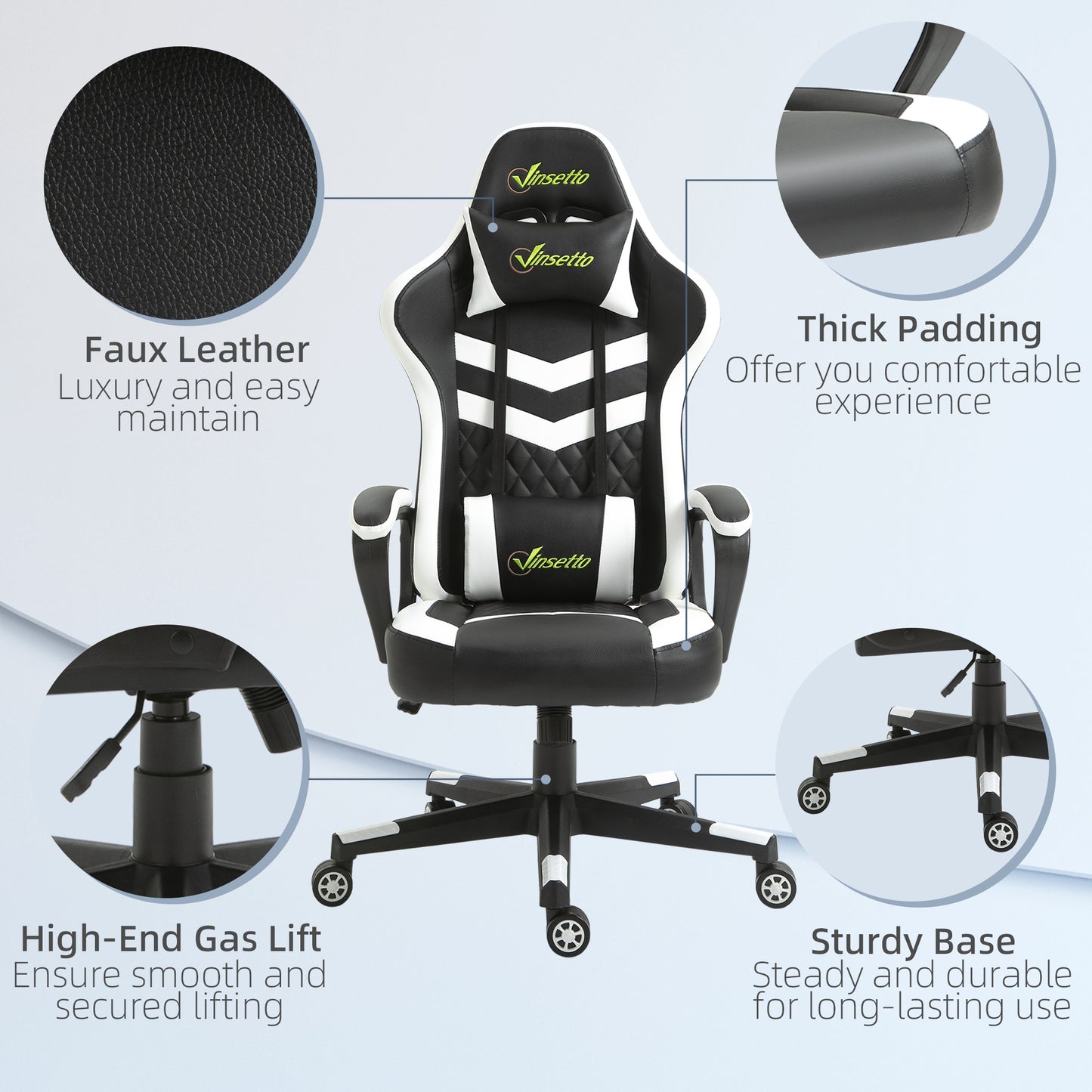 Racing Gaming Chair w/ Lumbar Support, Gamer Office Chair, Black White