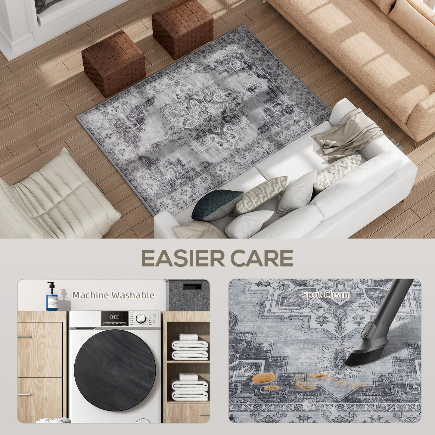 Flannel Non-Slip Washable Rug for Living Room, 170 x 120 cm, Grey