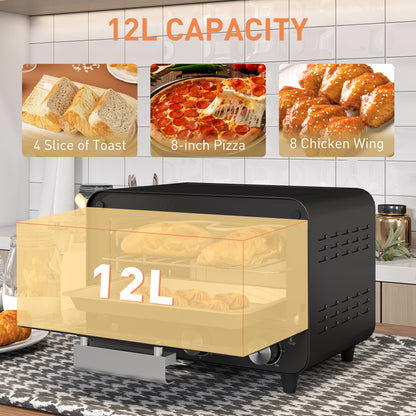 Small Toaster Oven, 12L Mini Countertop Oven with Glass Door, Black