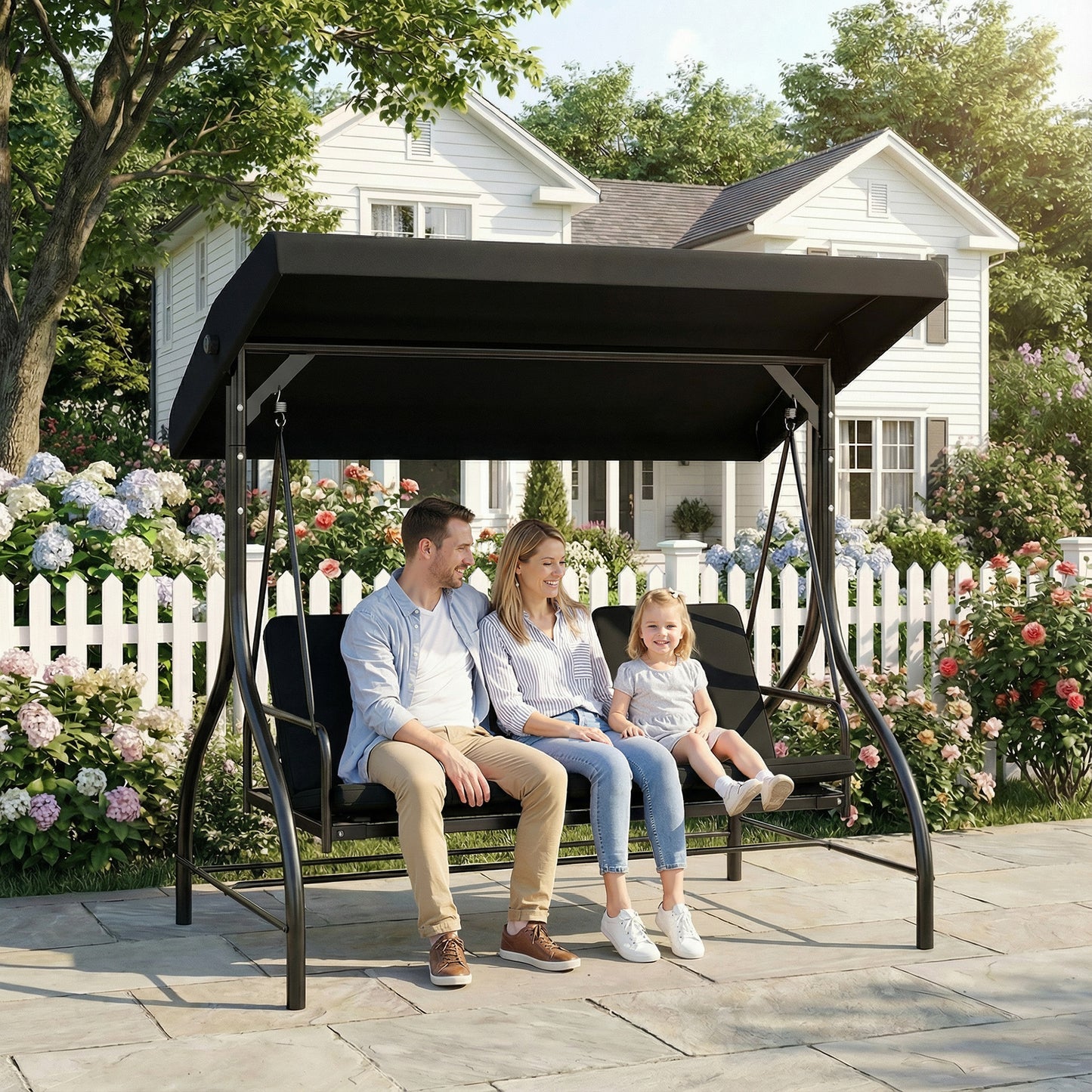 3 Seater Canopy Swing Chair Porch Hammock Bed, Black