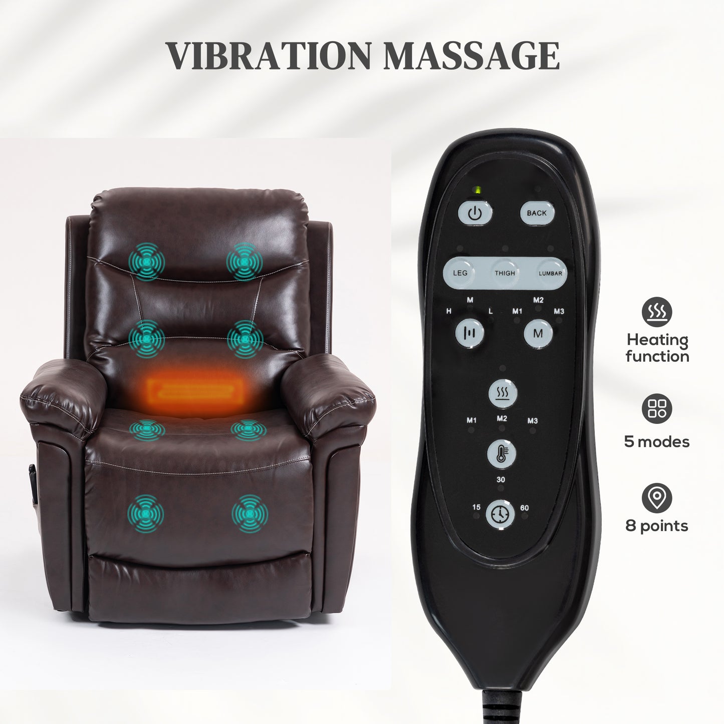 Massage Recliner Chair, Lift Chair with Heat, USB, Remote, Brown