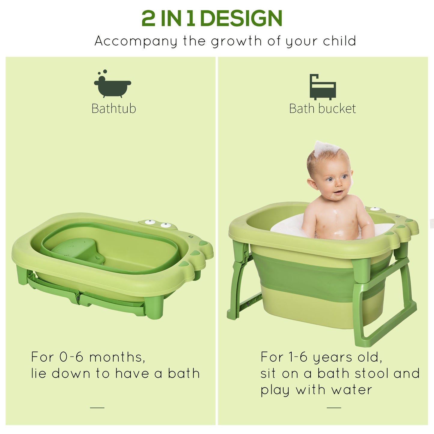 Foldable Baby Bathtub for Newborns Infants Toddlers w/ Stool - Green
