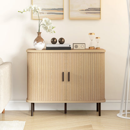 Sideboard Storage Cabinet with Slatted Tambour Sliding Doors Oak Tone