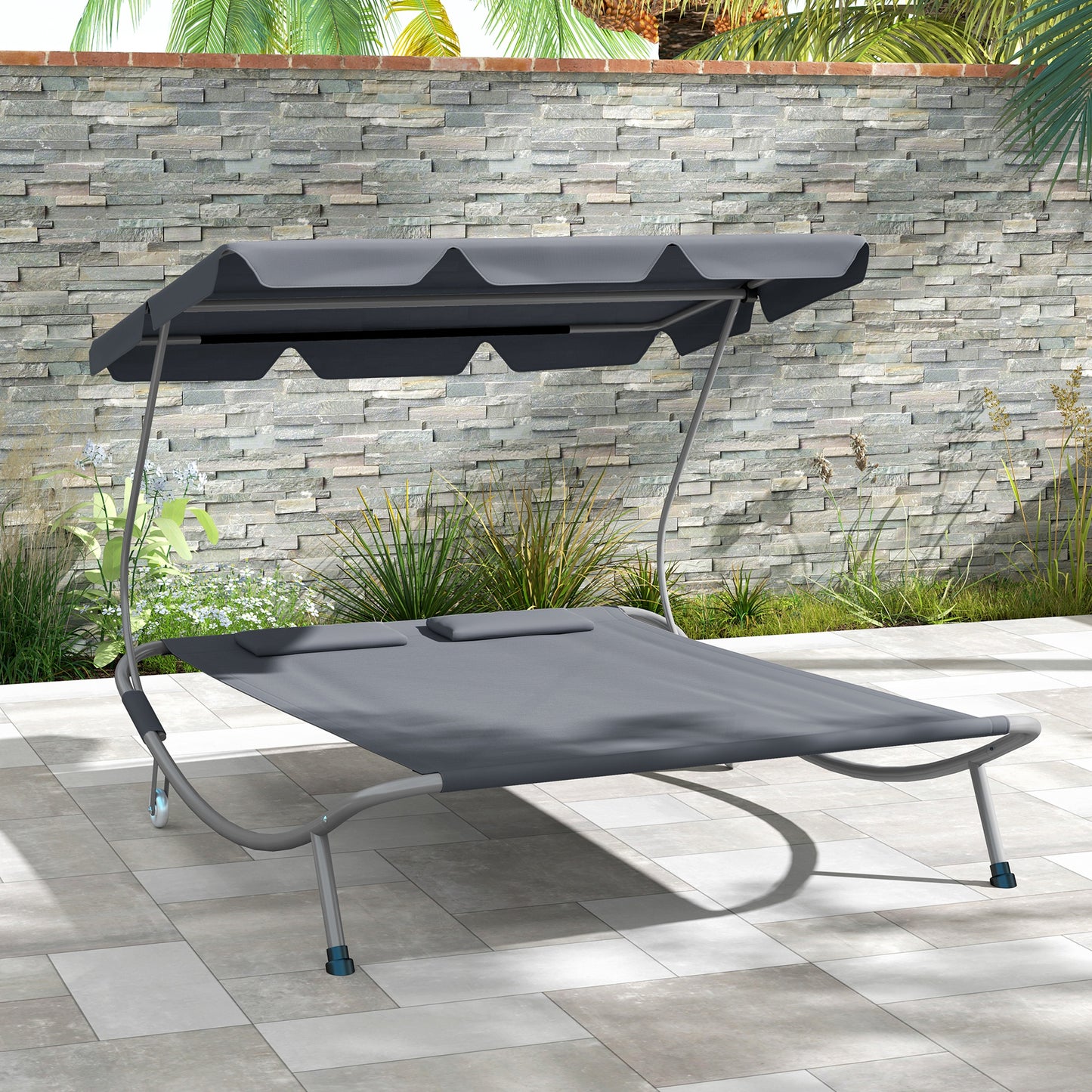 Garden Double Hammock Sun Lounger Day Bed Canopy w/ 2 Pillows