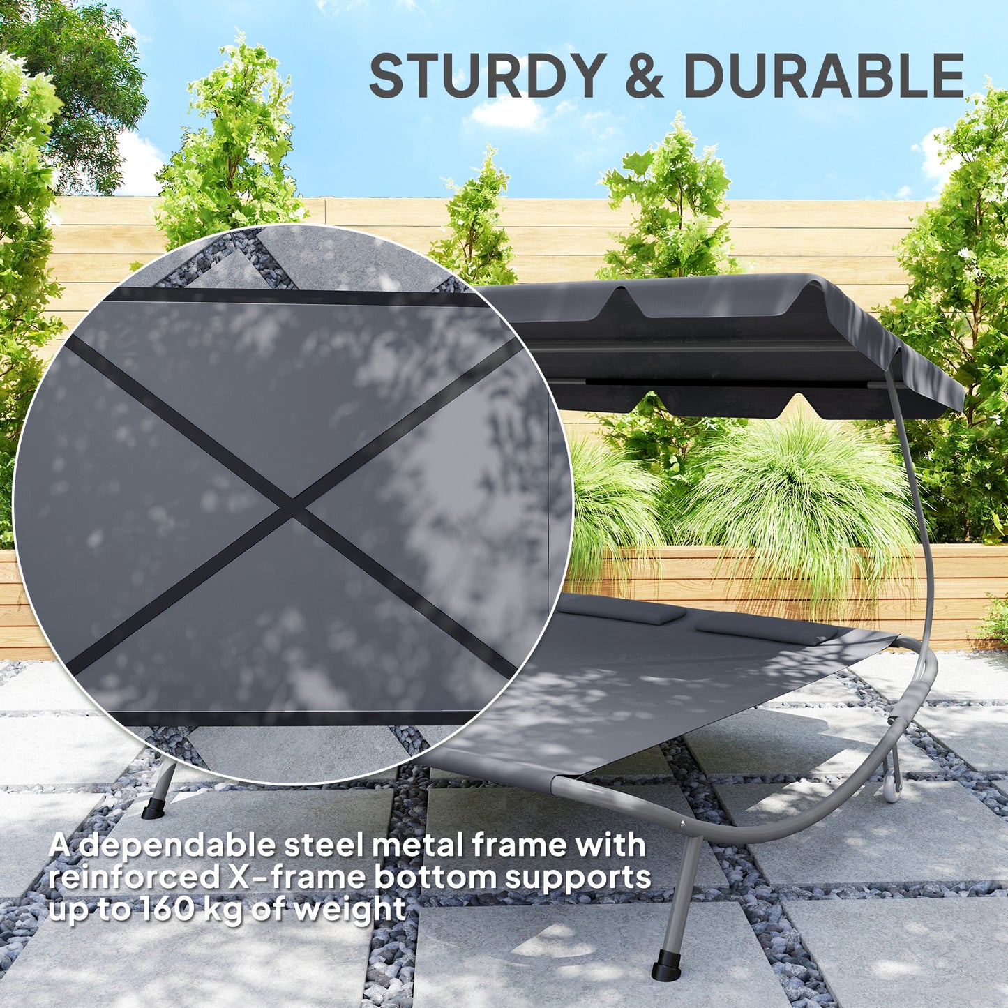 Garden Double Hammock Sun Lounger Day Bed Canopy w/ 2 Pillows
