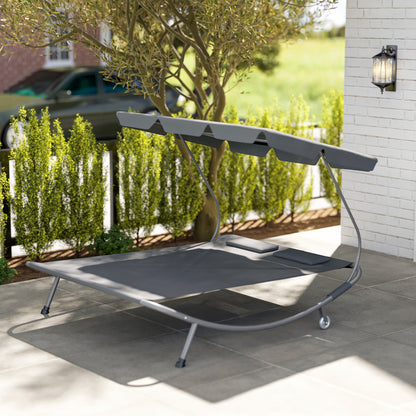 Garden Double Hammock Sun Lounger Day Bed Canopy w/ 2 Pillows