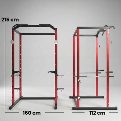 Adjustable Power Rack with Pull-Up Bar, Dip Station and J-Hooks - Red & Black