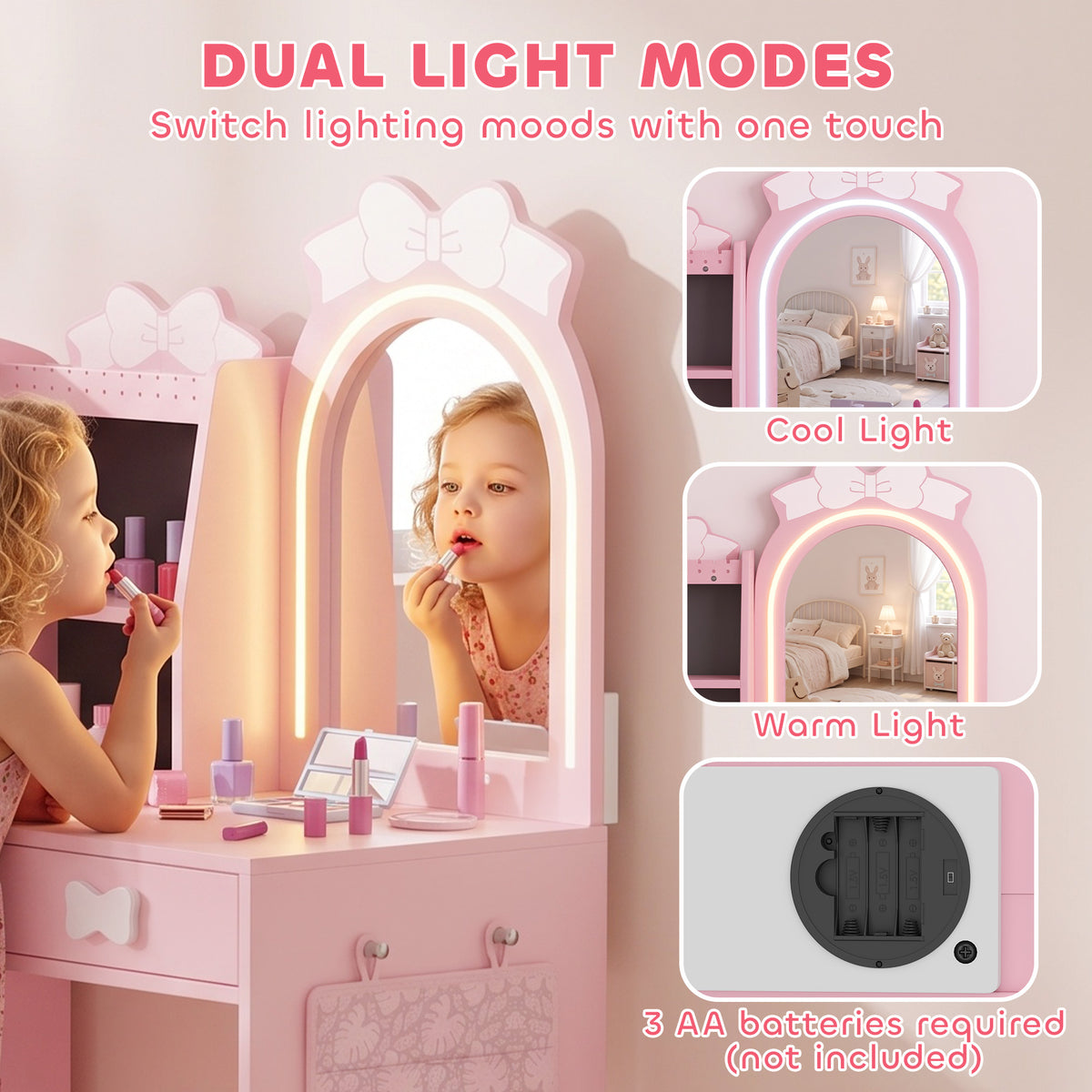 Kids Dressing Table with Stool, 2-Colour Lights Mirror, Pink