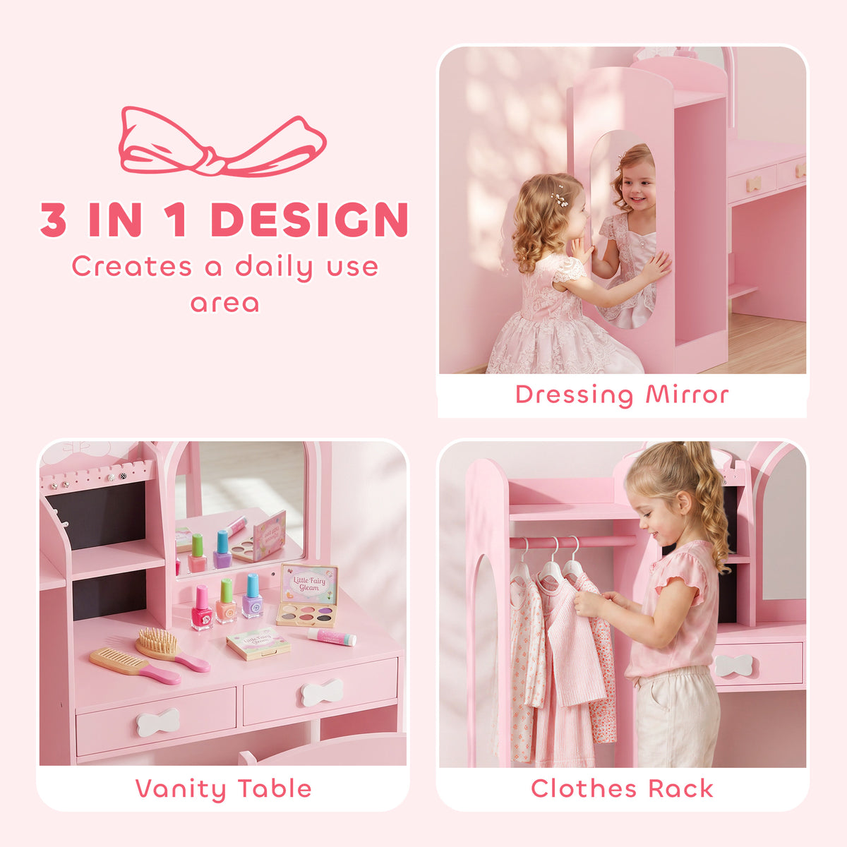 Kids Dressing Table with Stool, 2-Colour Lights Mirror, Pink