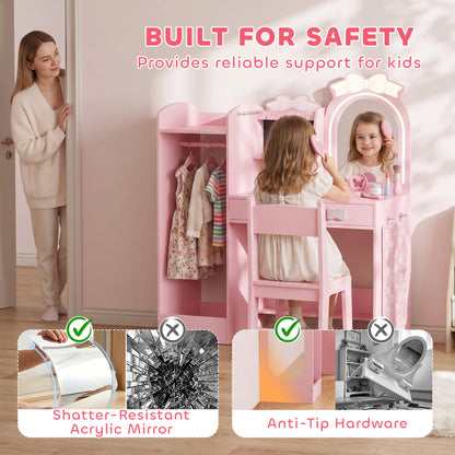 Kids Dressing Table with Stool, 2-Colour Lights Mirror, Pink