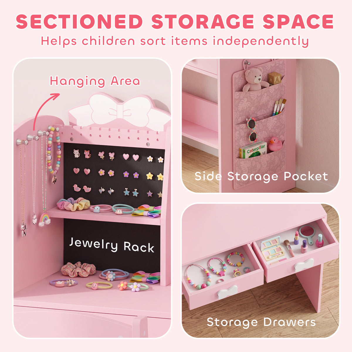 Kids Dressing Table with Stool, 2-Colour Lights Mirror, Pink