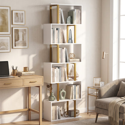 S-Shaped Bookshelf, 6-Tier Bookcase with Anti-Tip Strap, White