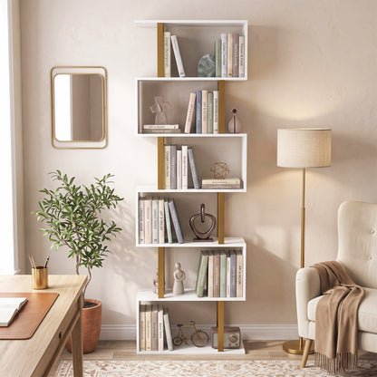 S-Shaped Bookshelf, 6-Tier Bookcase with Anti-Tip Strap, White