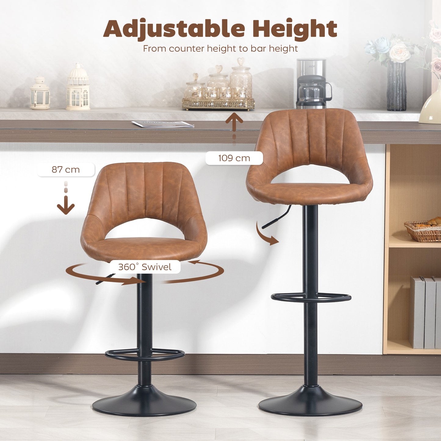 Barstools Set of 2, Dining Stools with Backrest and Footrest, Brown