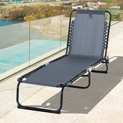 Folding Sun Lounger Beach Chaise Chair Garden Reclining Cot Camping Hiking Recliner with 4 Position Adjustable Back - Grey