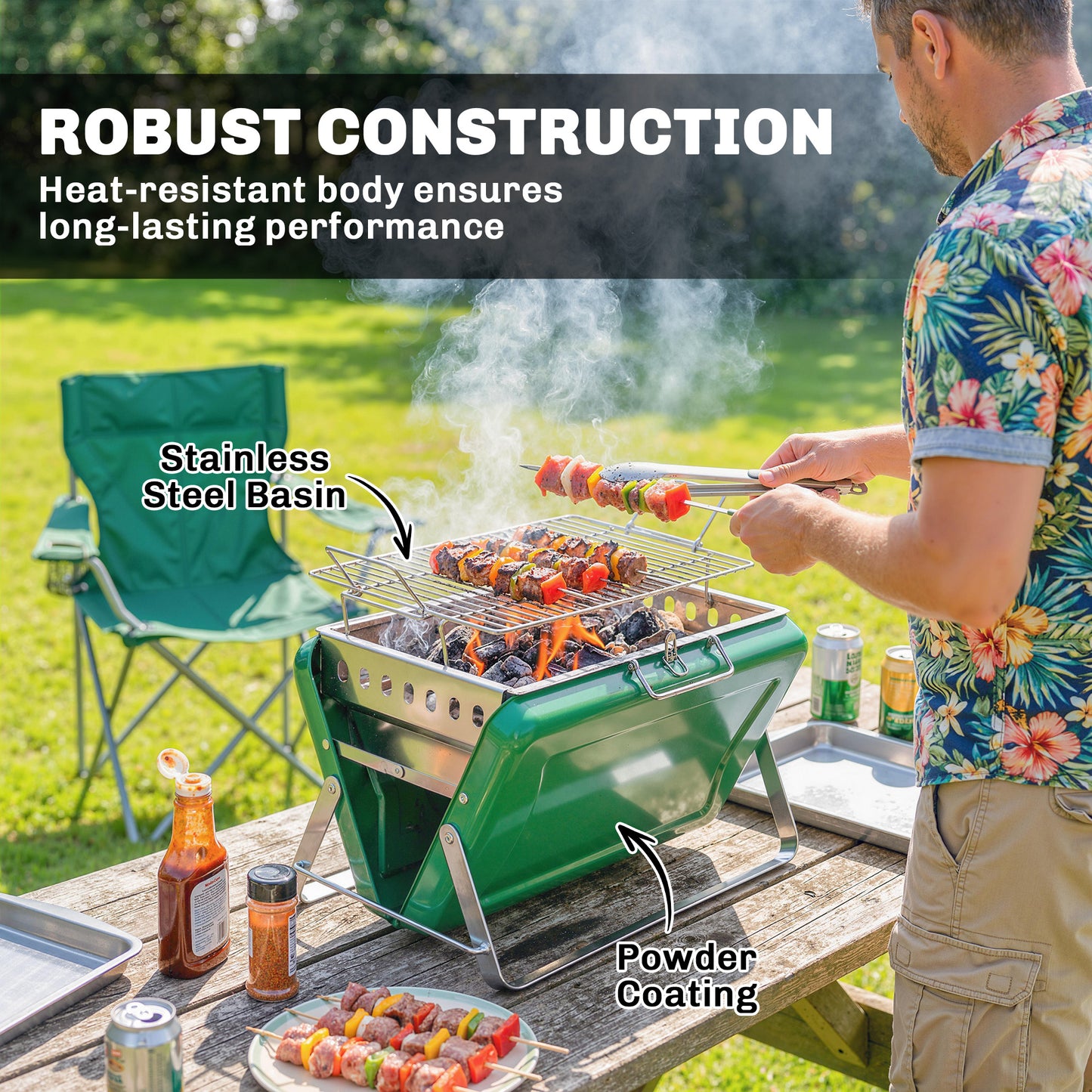 Charcoal BBQ Grill Portable with Tilting Grate Dark Green