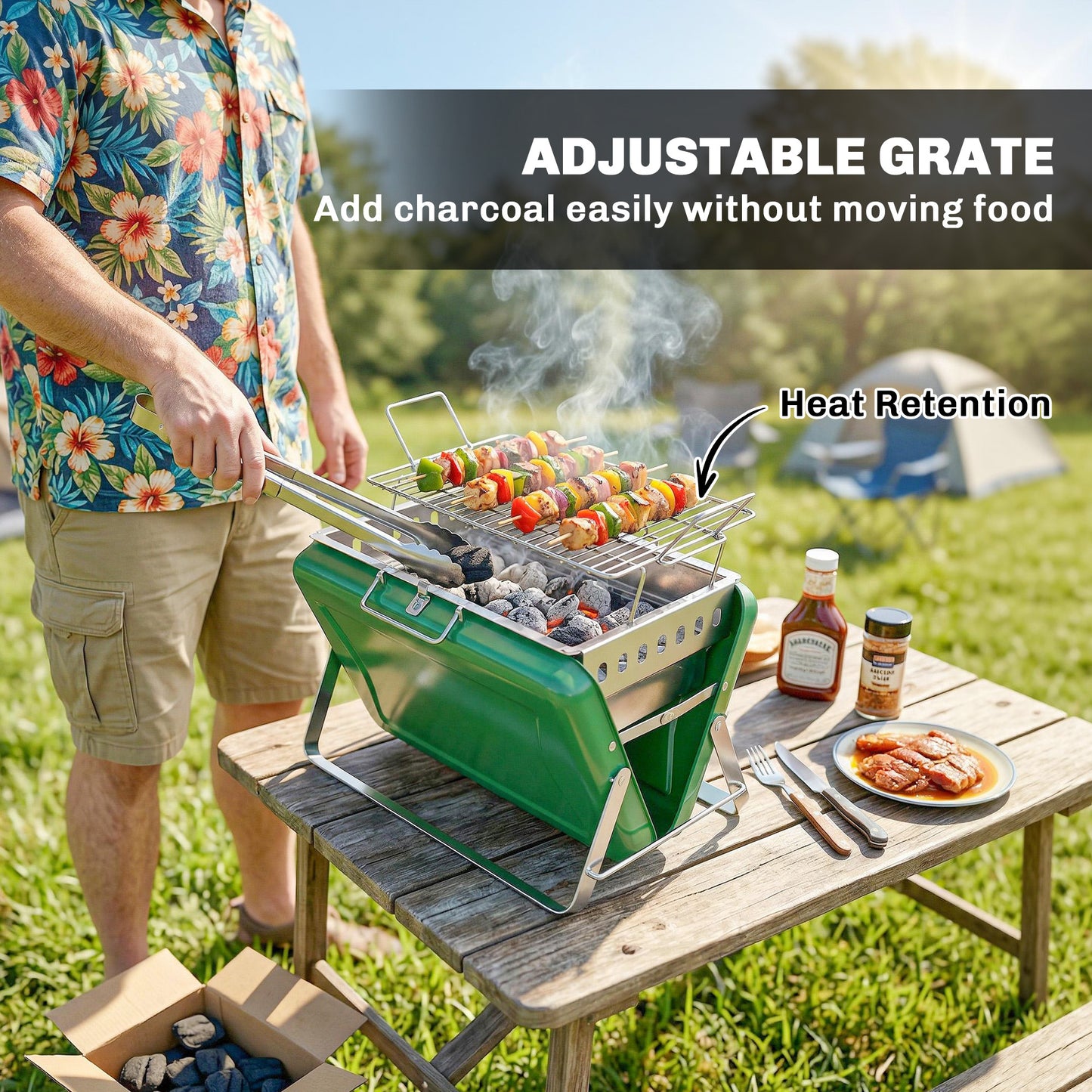 Charcoal BBQ Grill Portable with Tilting Grate Dark Green