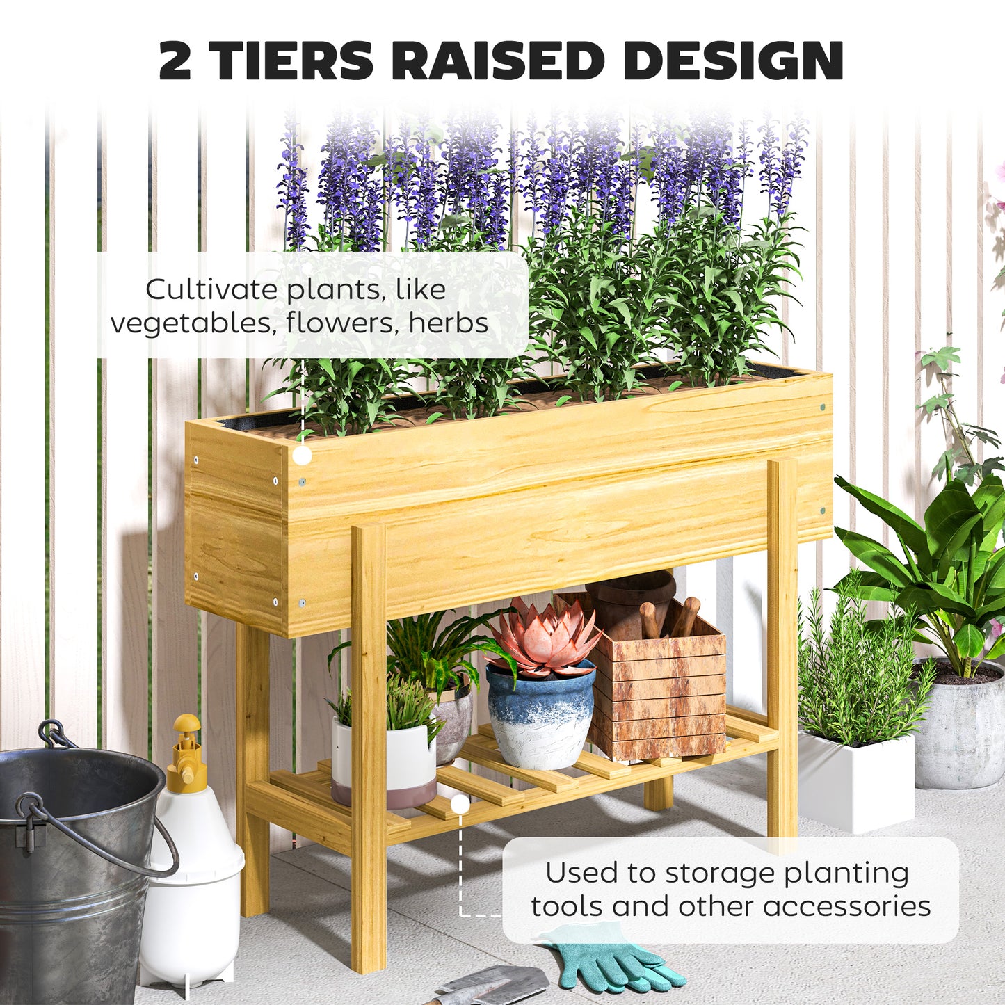 Wooden Raised Bed w/ Bed Liner, Storage Shelf, Natural Wood Finish