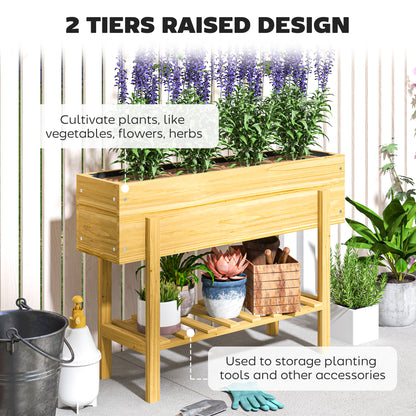 Wooden Raised Bed w/ Bed Liner, Storage Shelf, Natural Wood Finish