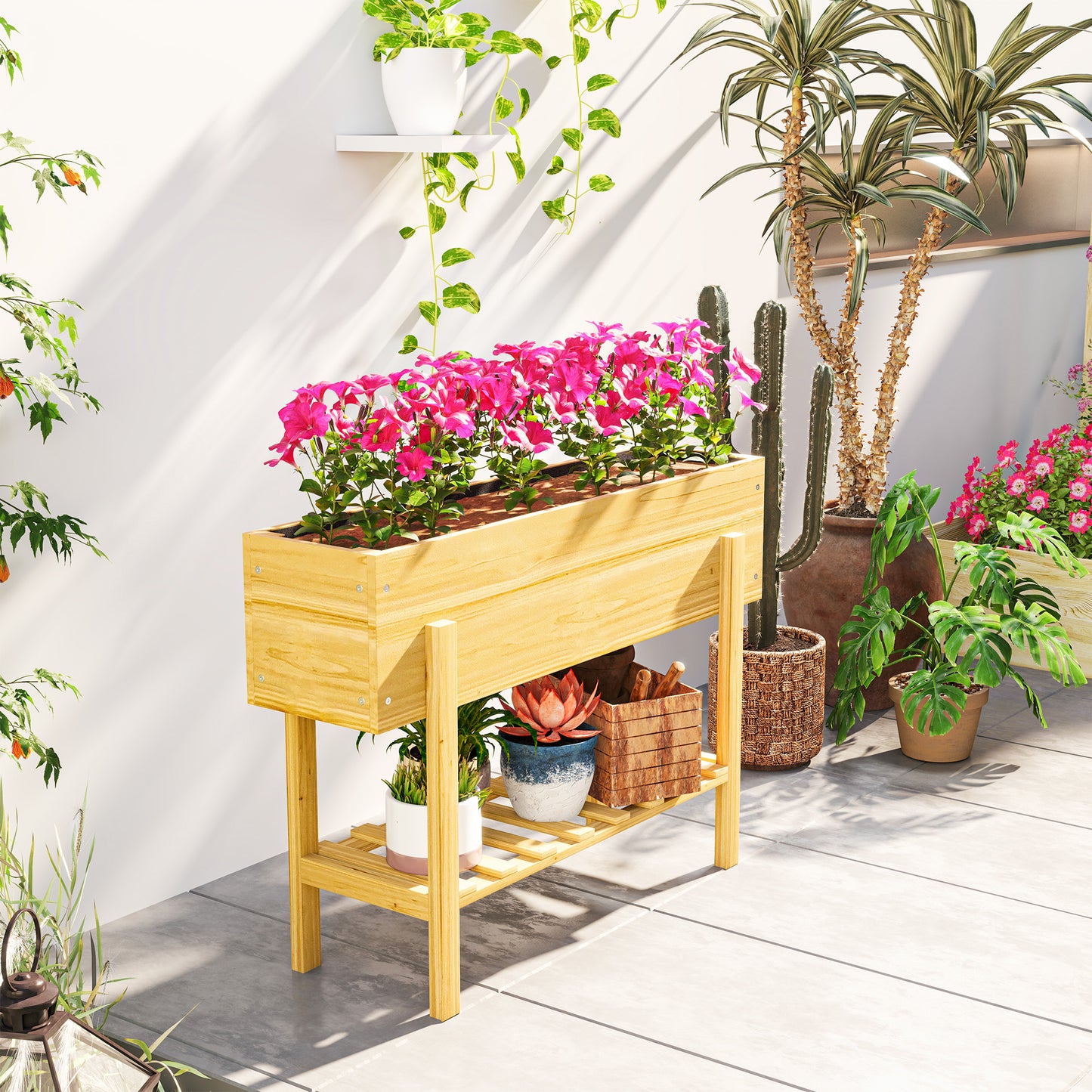 Wooden Raised Bed w/ Bed Liner, Storage Shelf, Natural Wood Finish