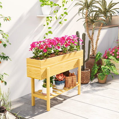 Wooden Raised Bed w/ Bed Liner, Storage Shelf, Natural Wood Finish