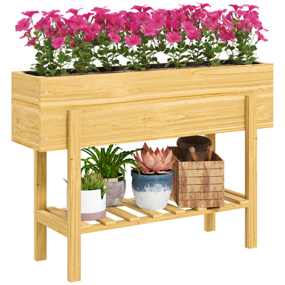 Wooden Raised Bed w/ Bed Liner, Storage Shelf, Natural Wood Finish