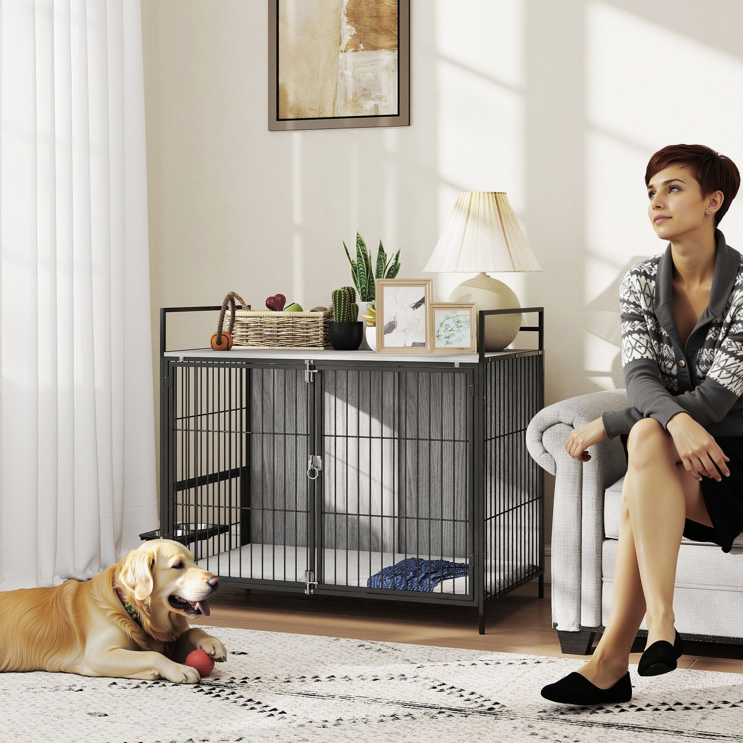 Dog Crate Furniture with Rotating Bowl Holder for Large Dogs, Grey