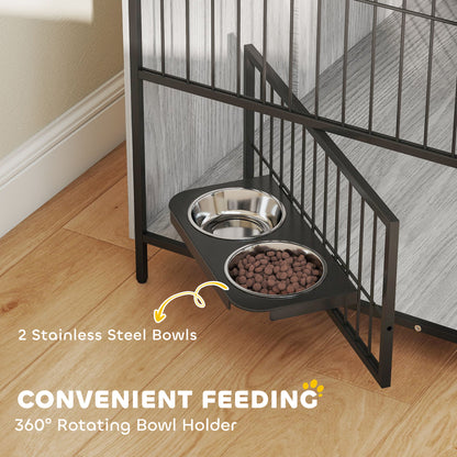 Dog Crate Furniture with Rotating Bowl Holder for Large Dogs, Grey