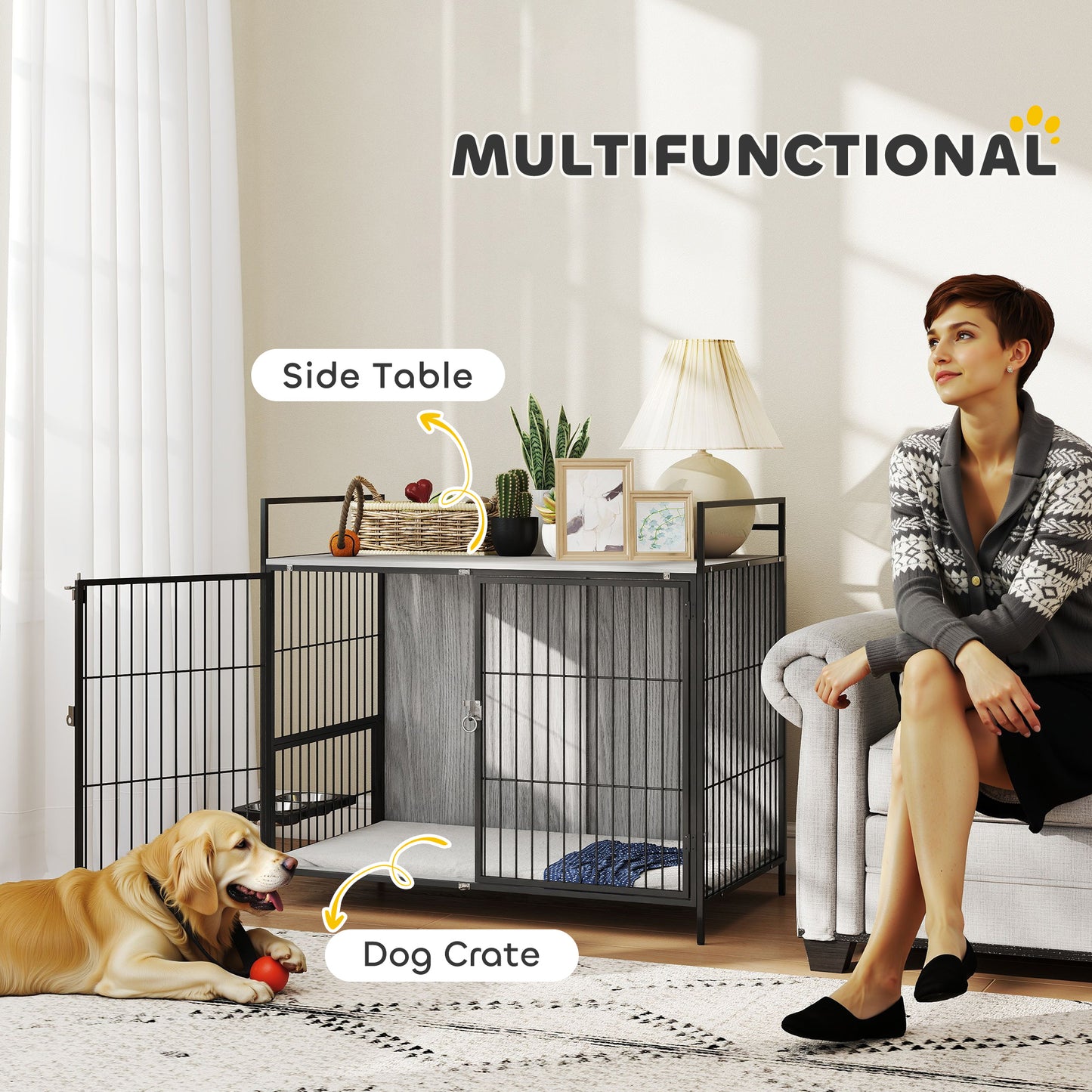 Dog Crate Furniture with Rotating Bowl Holder for Large Dogs, Grey