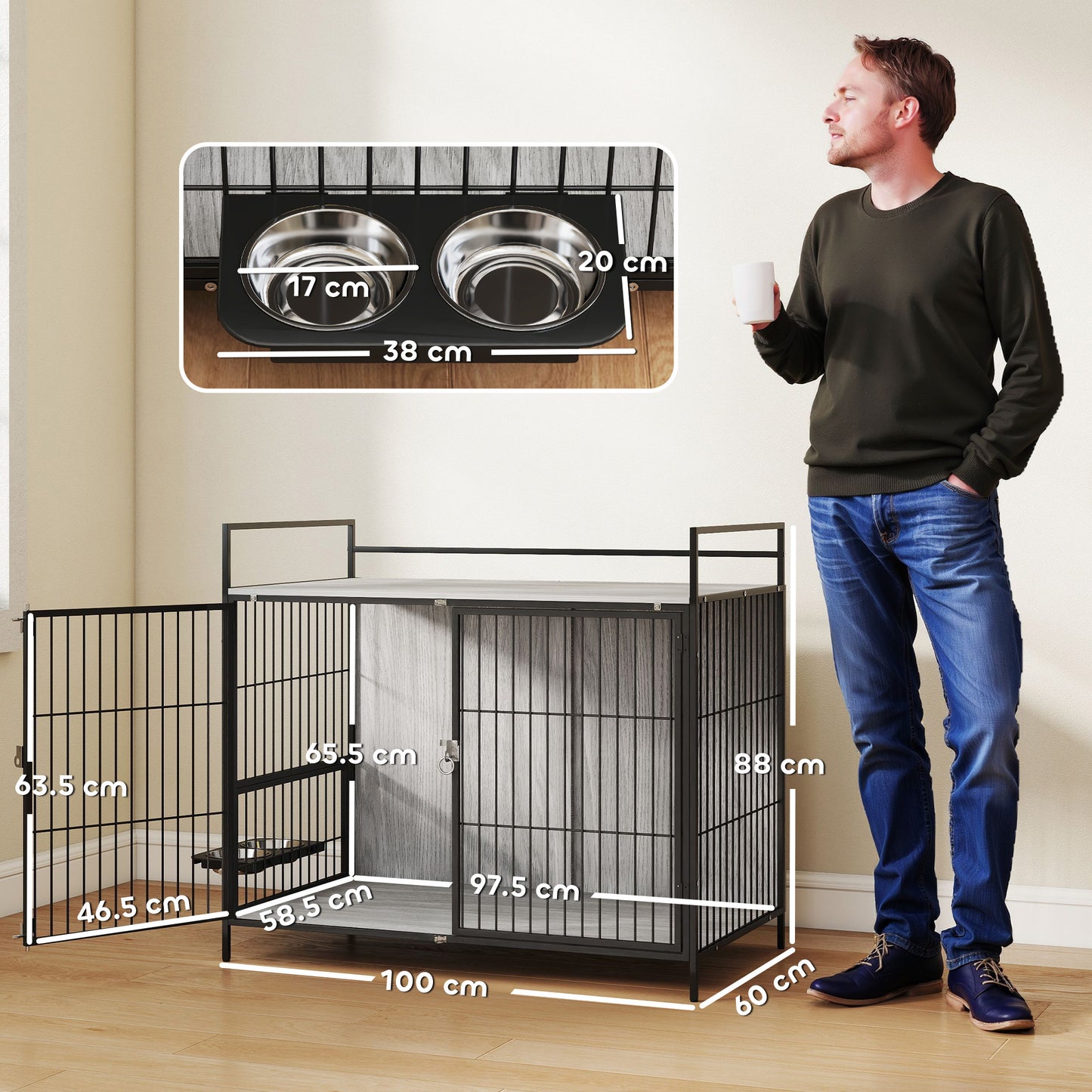 Dog Crate Furniture with Rotating Bowl Holder for Large Dogs, Grey