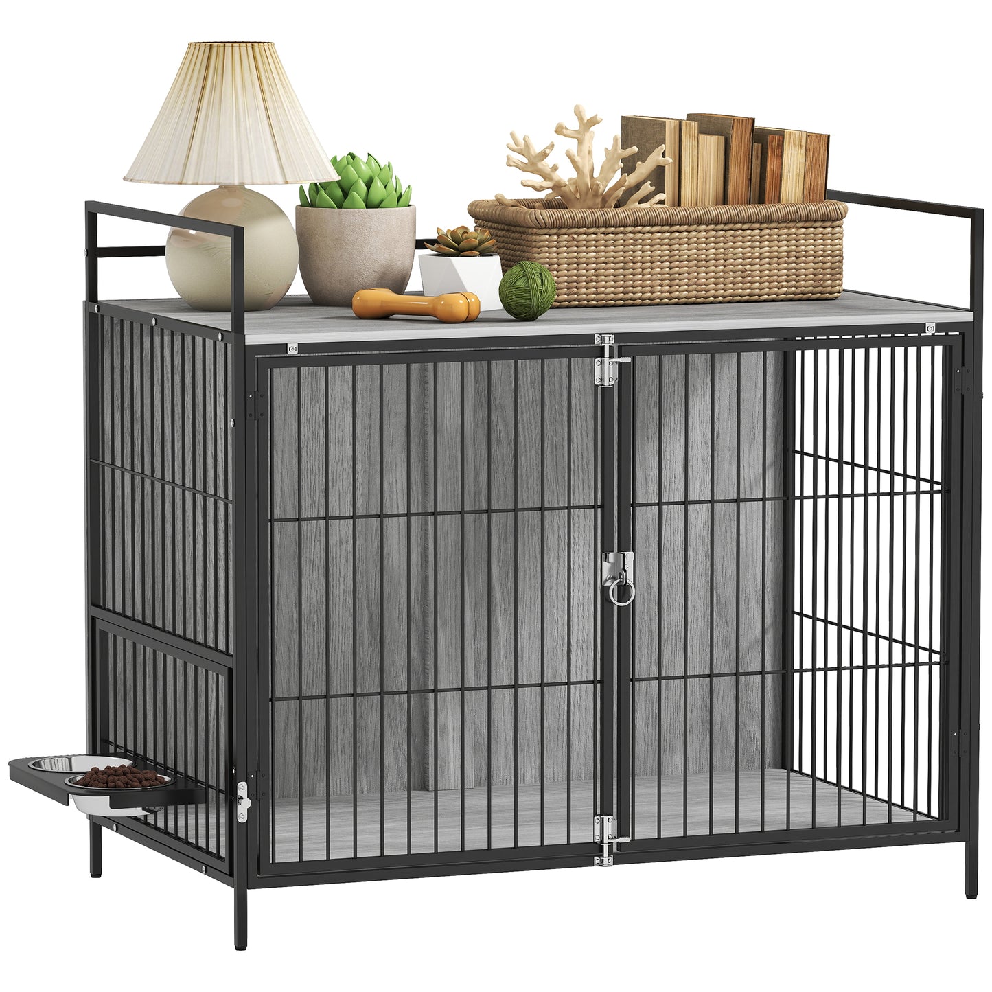 Dog Crate Furniture with Rotating Bowl Holder for Large Dogs, Grey