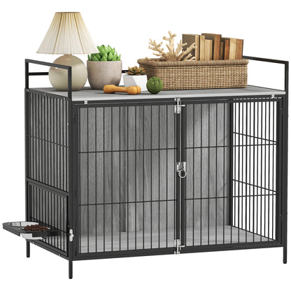 Dog Crate Furniture with Rotating Bowl Holder for Large Dogs, Grey