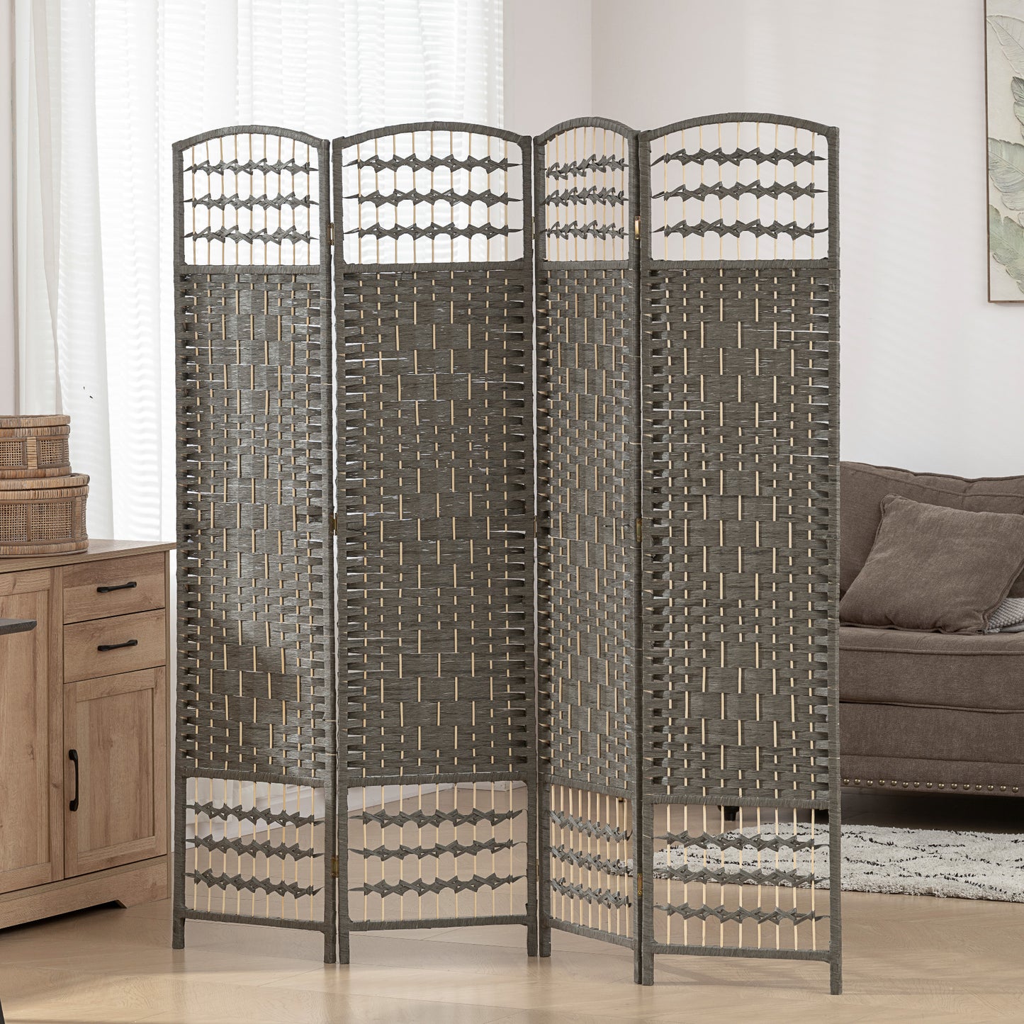 4 Panel Folding Privacy Screen with Pine Wood Frame, Dark Grey