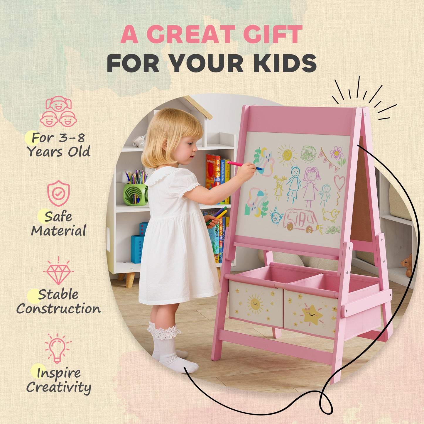 3-in-1 Kids Easel, Double-Sided Art Easel with Paper Roll, Pink