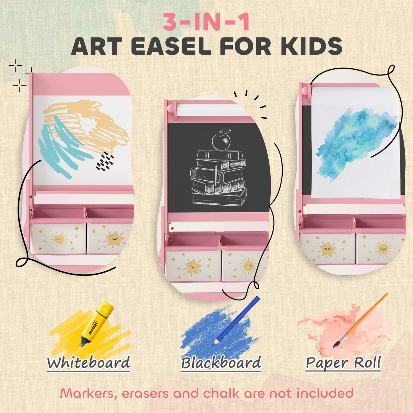 3-in-1 Kids Easel, Double-Sided Art Easel with Paper Roll, Pink